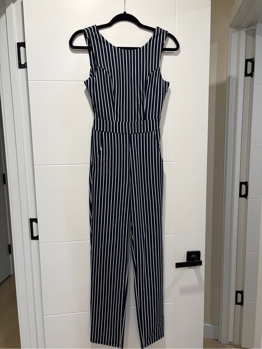 twik Navy and White Vertical Stripe Sleeveless Jumpsuit